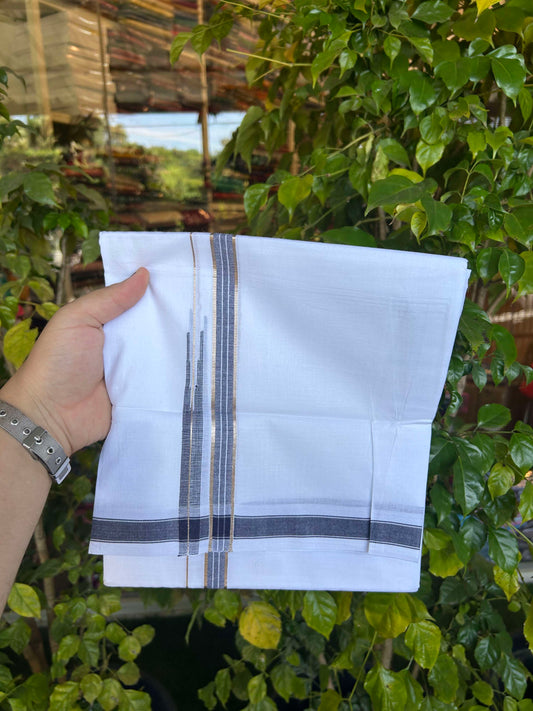 20% Discount!! Kaitharikada Balaramapuram 100% Pure Cotton Pure White Double Mundu/Dothi - 100x80 - 1.5 cm Blue & Silver Kasav Puliyilakkara One Side Chutty Kara 3.90 m (8 muzham) - 23 KK5310 CKS