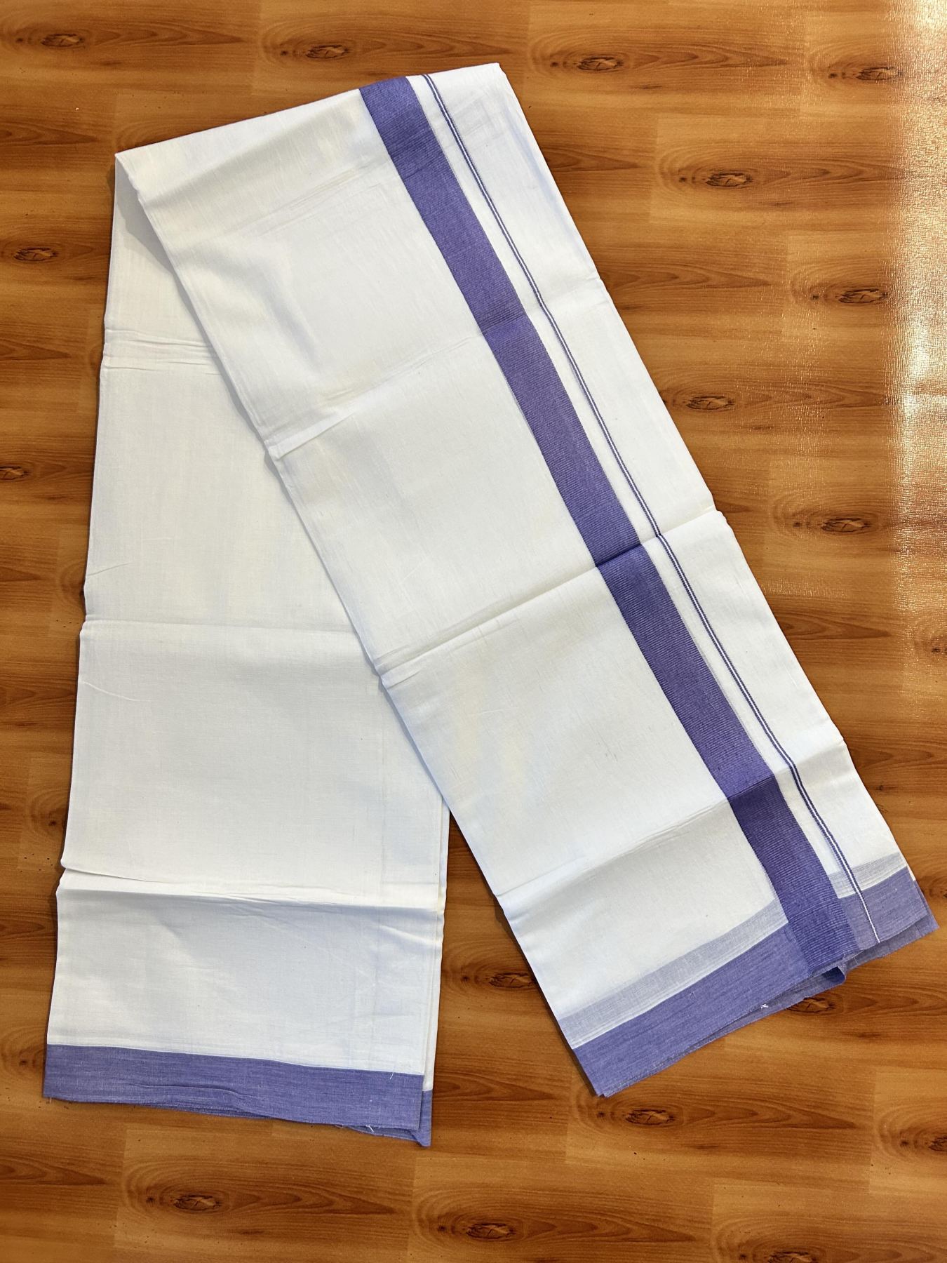 Pure White Double Mundu/Dhoti - 20% Discount ! Kaitharikada Pure Cotton - (60s) - 1.25 inch Dark Lavender Kara 3.80 mtr (8 muzham) - 44 KK5456 THI