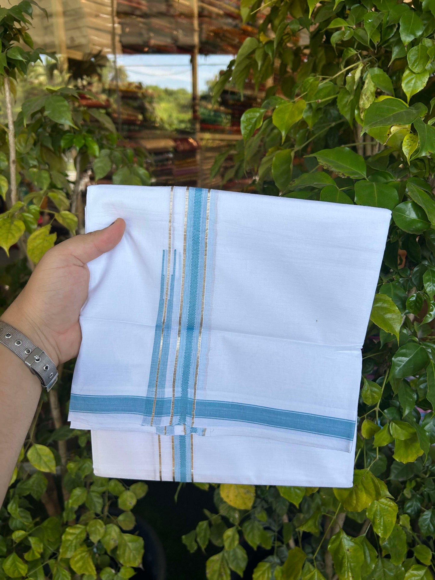 20% Discount!! Kaitharikada Balaramapuram 100% Pure Cotton Pure White Double Mundu/Dothi - 100x80 - 1.5 cm Blue & Silver Kasav Puliyilakkara One Side Chutty Kara 3.90 m (8 muzham) - 25 KK5310 CKS