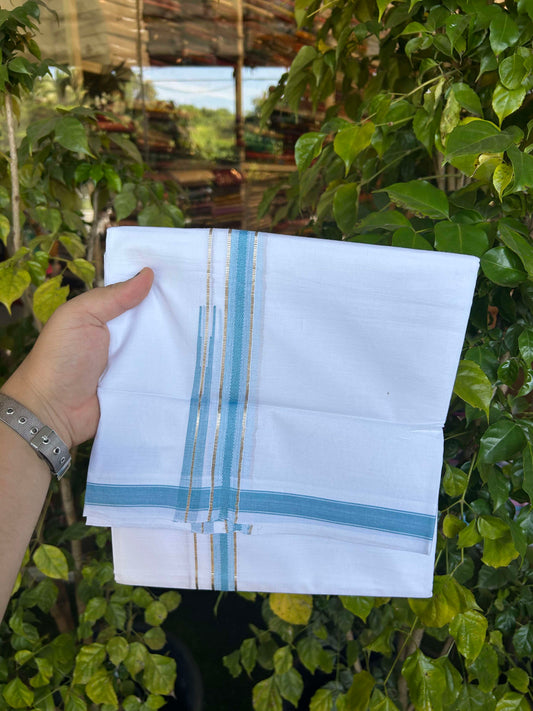 20% Discount!! Kaitharikada Balaramapuram 100% Pure Cotton Pure White Double Mundu/Dothi - 100x80 - 1.5 cm Blue & Silver Kasav Puliyilakkara One Side Chutty Kara 3.90 m (8 muzham) - 25 KK5310 CKS