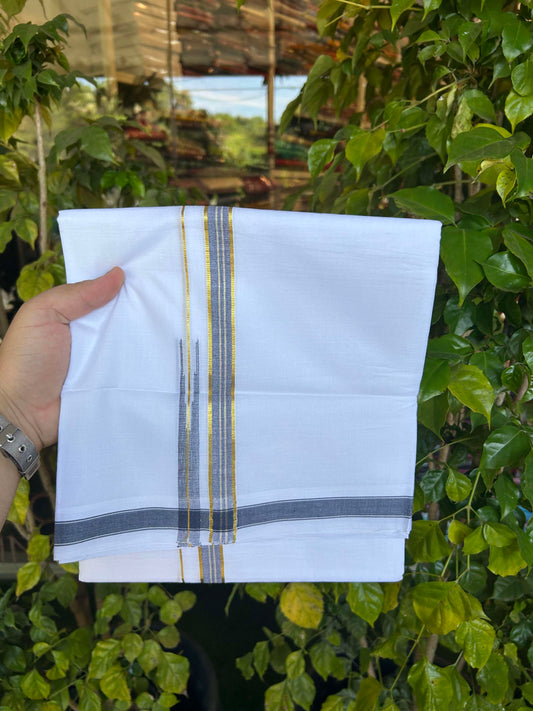 20% Discount!! Kaitharikada Balaramapuram 100% Pure Cotton Pure White Double Mundu/Dothi - 100x80 - 2 cm Blue & Gold Kasav Puliyilakkara One Side Chutty Kara 3.90 m (8 muzham) - 41 KK5310 CKS