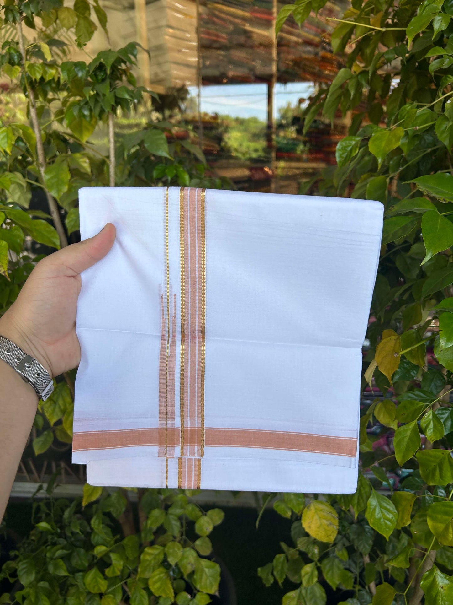 20% Discount!! Kaitharikada Balaramapuram 100% Pure Cotton Pure White Double Mundu/Dothi - 100x80 - 1.5 cm Light Orange & Gold Kasav Puliyilakkara One Side Chutty Kara 3.90 m (8 muzham) - 32 KK5310 CKS