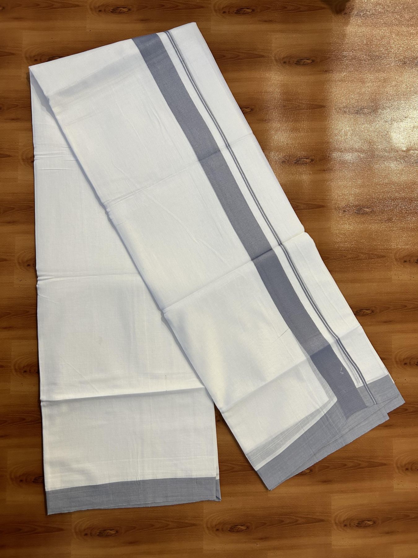 Pure White Double Mundu/Dhoti - 20% Discount ! Kaitharikada Pure Cotton - (60s) - 1.25 inch Lavender Grey Kara 3.80 mtr (8 muzham) - 43 KK5456 THI