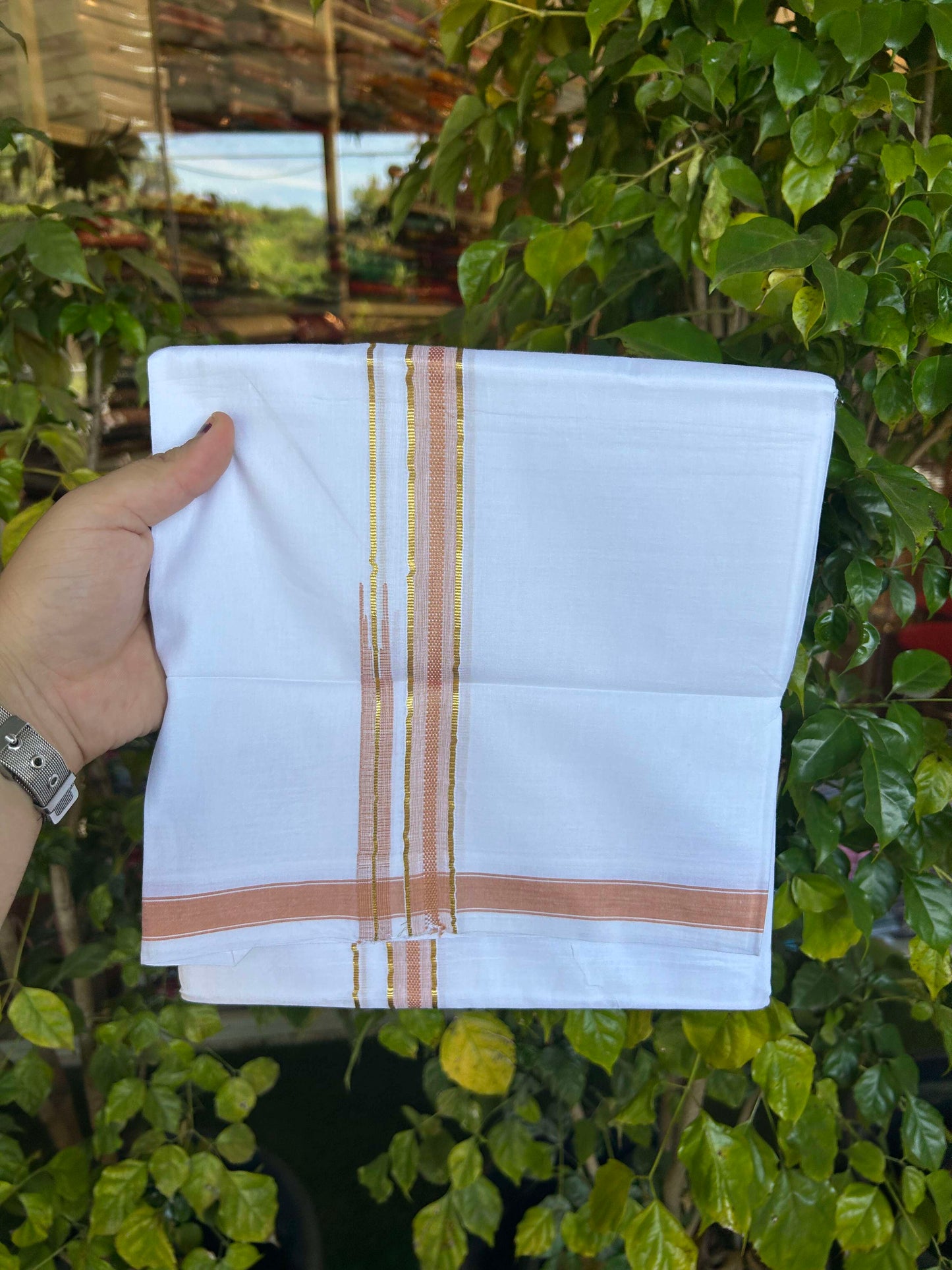 20% Discount!! Kaitharikada Balaramapuram 100% Pure Cotton Pure White Double Mundu/Dothi - 100x80 - 1.5 cm Light Orange & Gold Kasav Puliyilakkara One Side Chutty Kara 3.90 m (8 muzham) - 36 KK5310 CKS