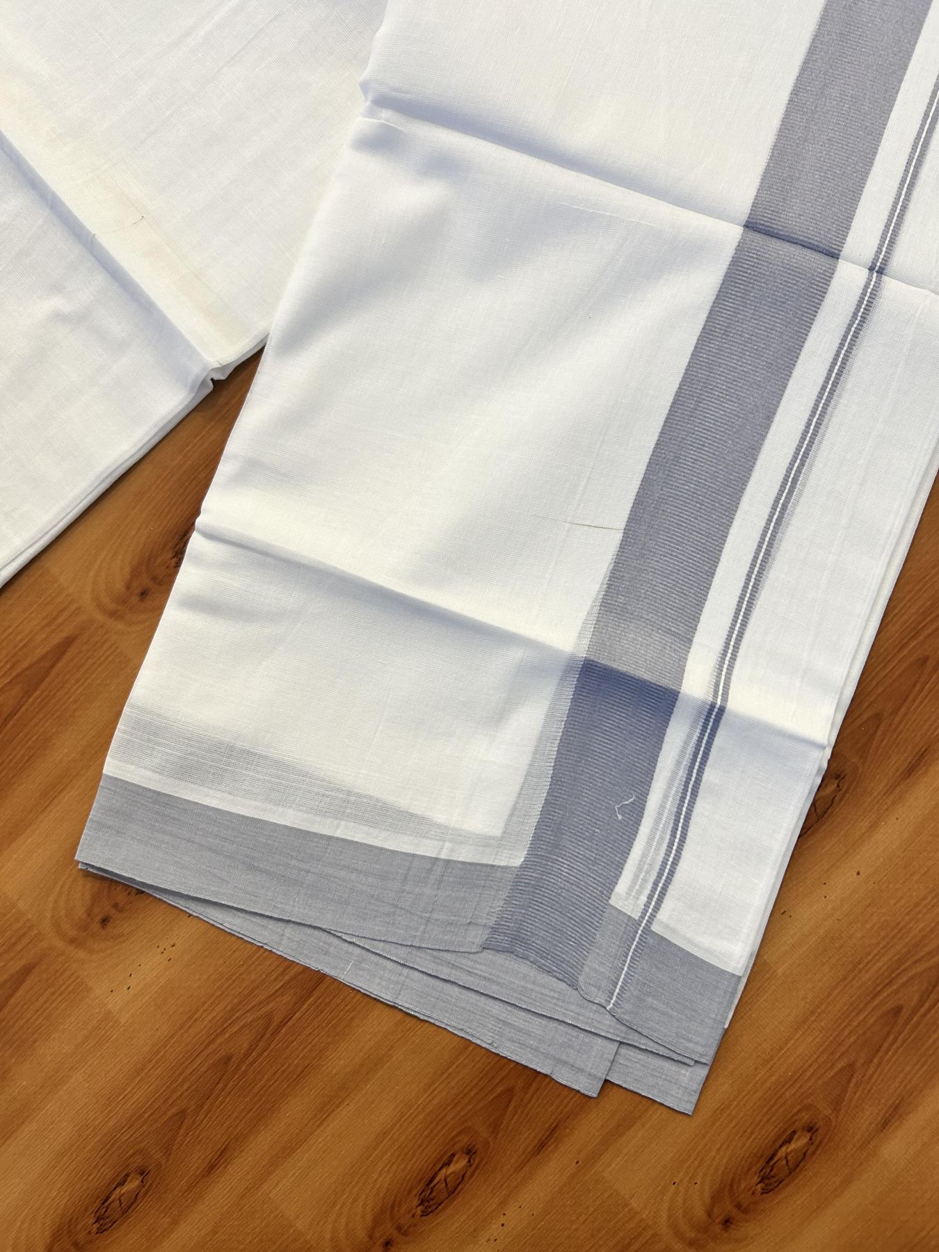 Pure White Double Mundu/Dhoti - 20% Discount ! Kaitharikada Pure Cotton - (60s) - 1.25 inch Lavender Grey Kara 3.80 mtr (8 muzham) - 43 KK5456 THI