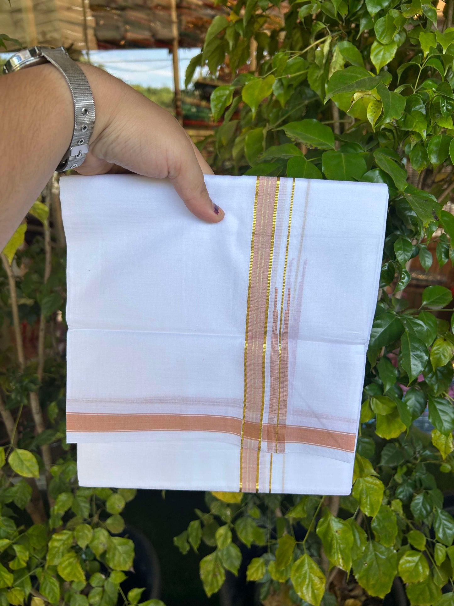 20% Discount!! Kaitharikada Balaramapuram 100% Pure Cotton Pure White Double Mundu/Dothi - 100x80 - 2 cm Light Orange & Gold Kasav Puliyilakkara One Side Chutty Kara 3.90 m (8 muzham) - 40 KK5310 CKS