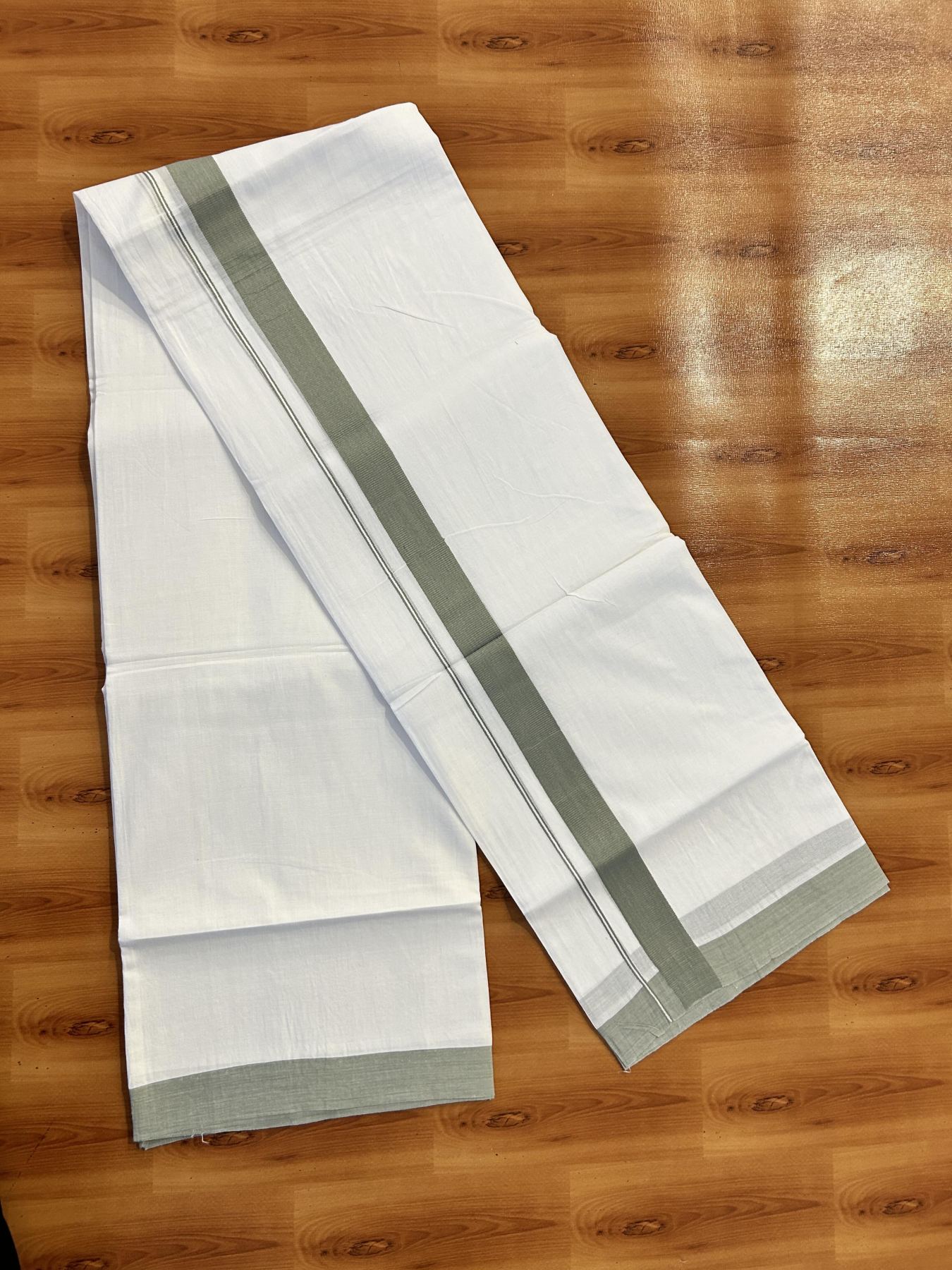 Pure White Double Mundu/Dhoti - 20% Discount ! Kaitharikada Pure Cotton - (60s) - 1.25 inch Sage Green Kara 3.80 mtr (8 muzham) - 38 KK5456 THI