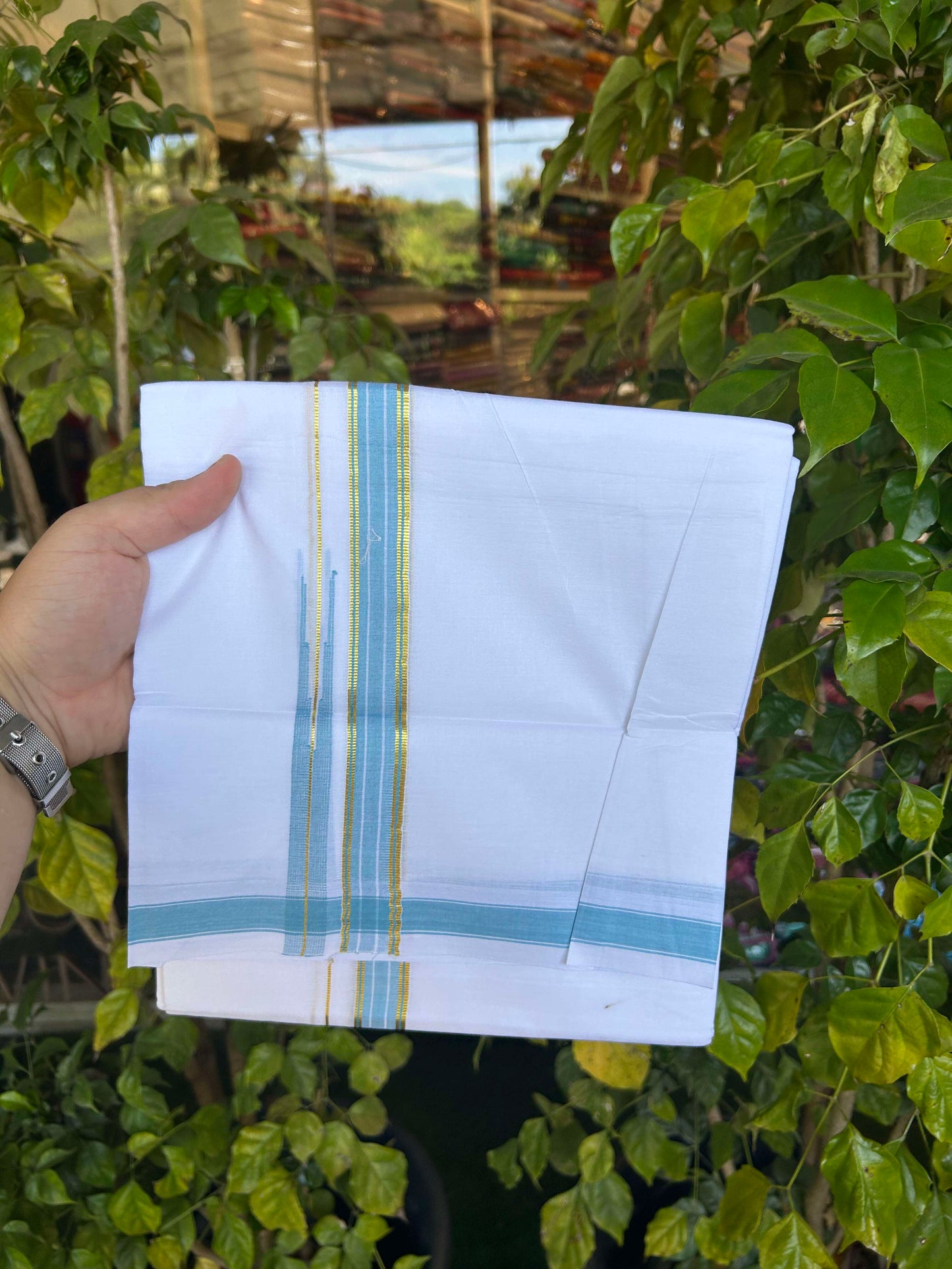 20% Discount!! Kaitharikada Balaramapuram 100% Pure Cotton Pure White Double Mundu/Dothi - 100x80 - 2 cm Light Blue & Gold Kasav Puliyilakkara One Side Chutty Kara 3.90 m (8 muzham) - 39 KK5310 CKS