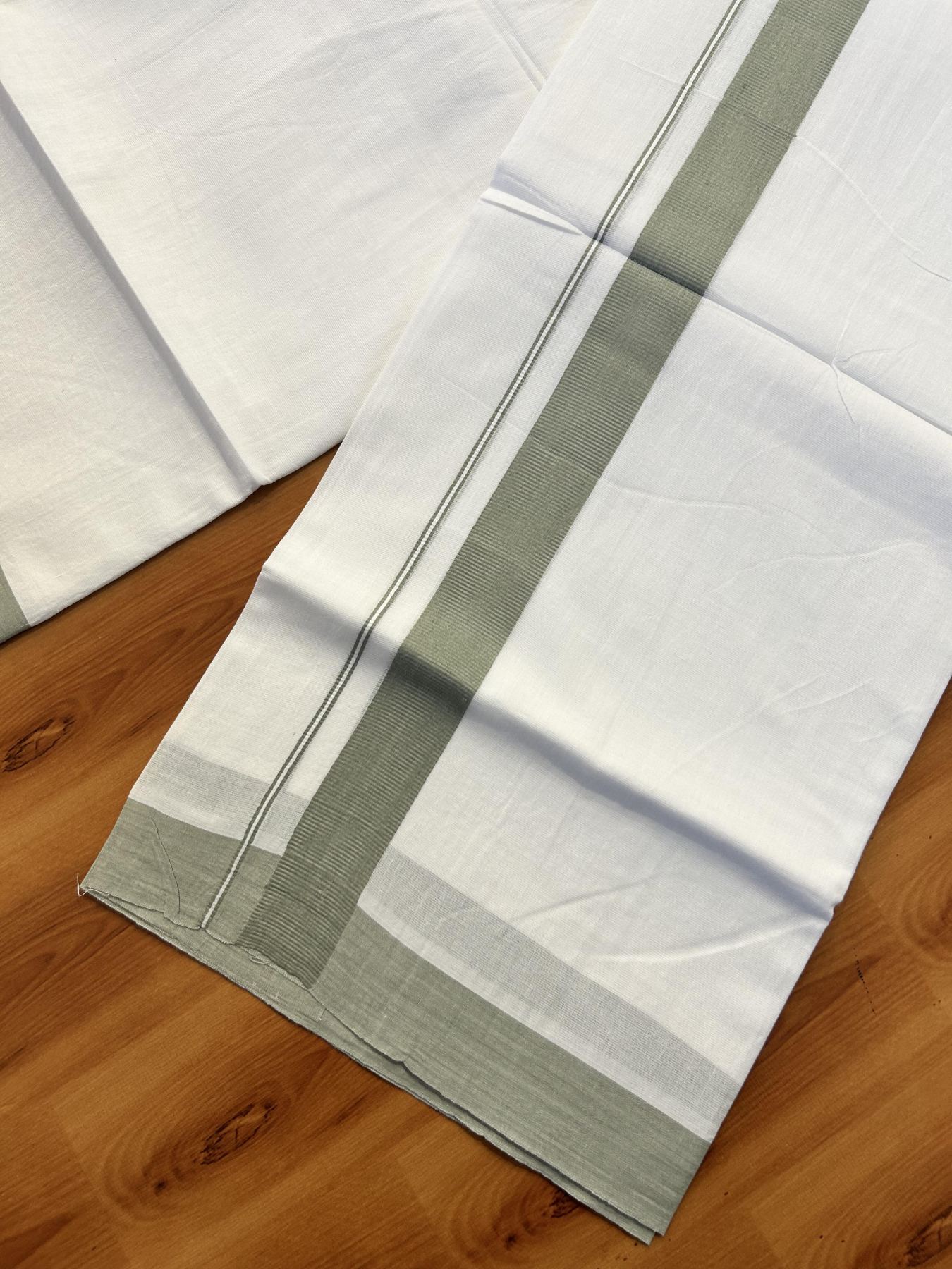 Pure White Double Mundu/Dhoti - 20% Discount ! Kaitharikada Pure Cotton - (60s) - 1.25 inch Sage Green Kara 3.80 mtr (8 muzham) - 38 KK5456 THI