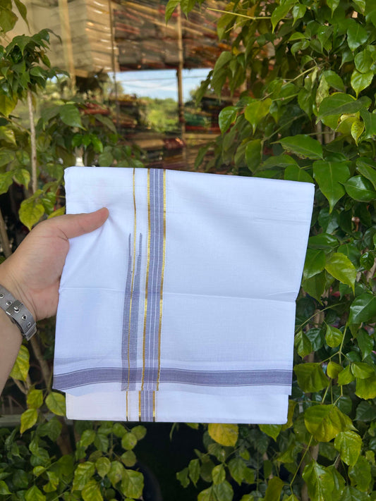 20% Discount!! Kaitharikada Balaramapuram 100% Pure Cotton Pure White Double Mundu/Dothi - 100x80 - 1.5 cm Lavender & Gold Kasav Puliyilakkara One Side Chutty Kara 3.90 m (8 muzham) - 38 KK5310 CKS