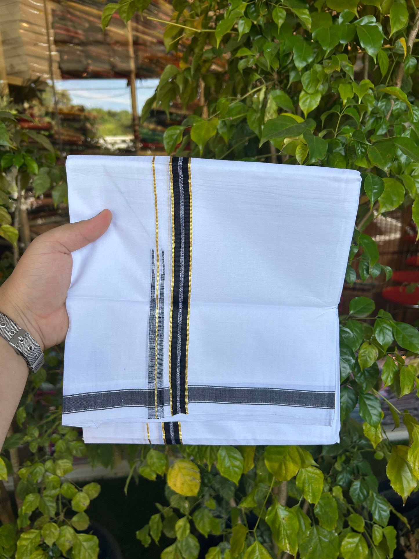 20% Discount!! Kaitharikada Balaramapuram 100% Pure Cotton Pure White Double Mundu/Dothi - 100x80 - 1.5 cm Black & Gold Kasav Puliyilakkara One Side Chutty Kara 3.90 m (8 muzham) - 34 KK5310 CKS