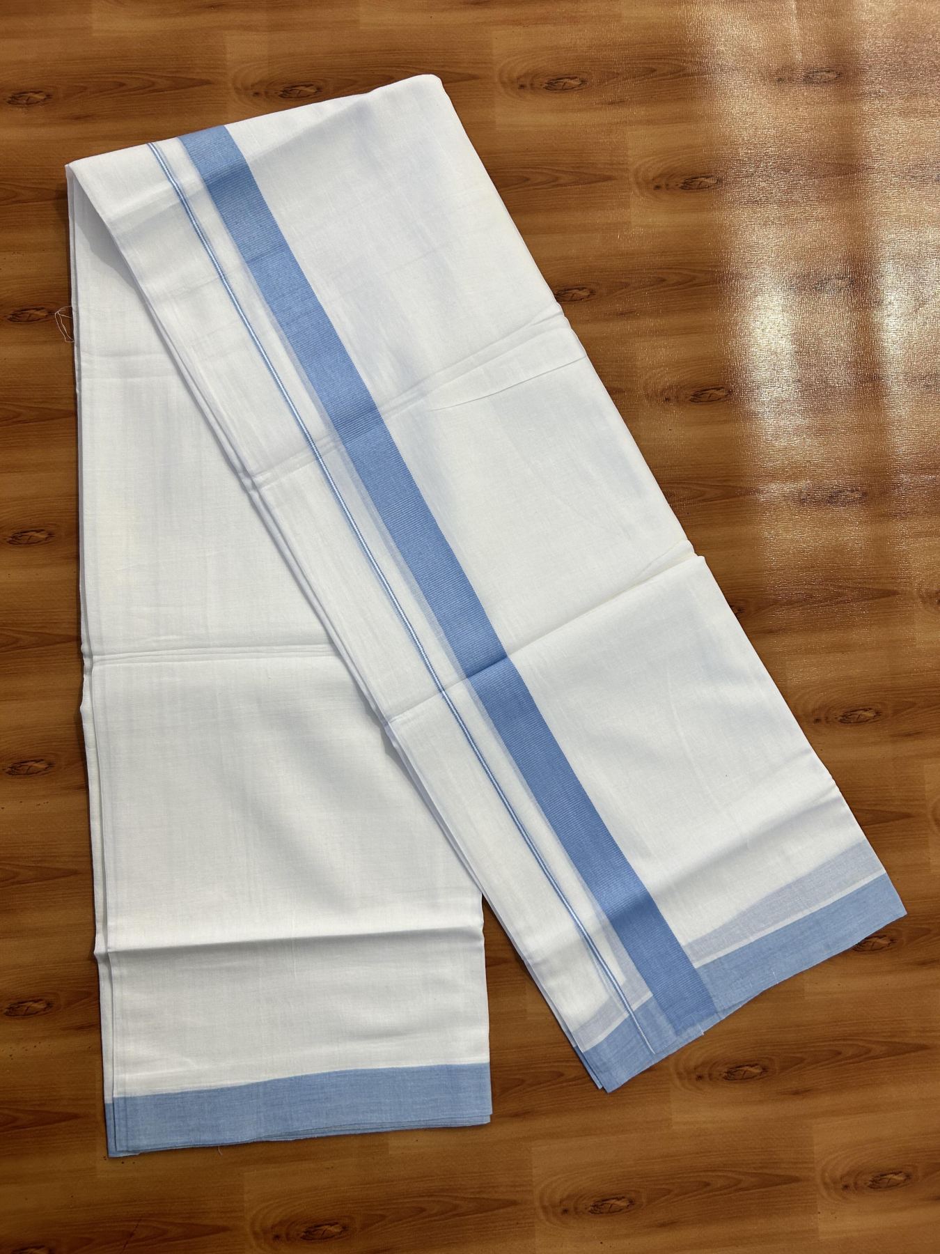 Pure White Double Mundu/Dhoti - 20% Discount ! Kaitharikada Pure Cotton - (60s) - 1.25 inch Pestel Blue Kara 3.80 mtr (8 muzham) - 41 KK5456 THI