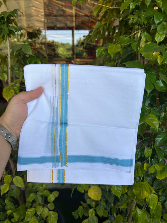 20% Discount!! Kaitharikada Balaramapuram 100% Pure Cotton Pure White Double Mundu/Dothi - 100x80 - 1.5 cm Light Blue & Gold Kasav Puliyilakkara One Side Chutty Kara 3.90 m (8 muzham) - 31 KK5310 CKS