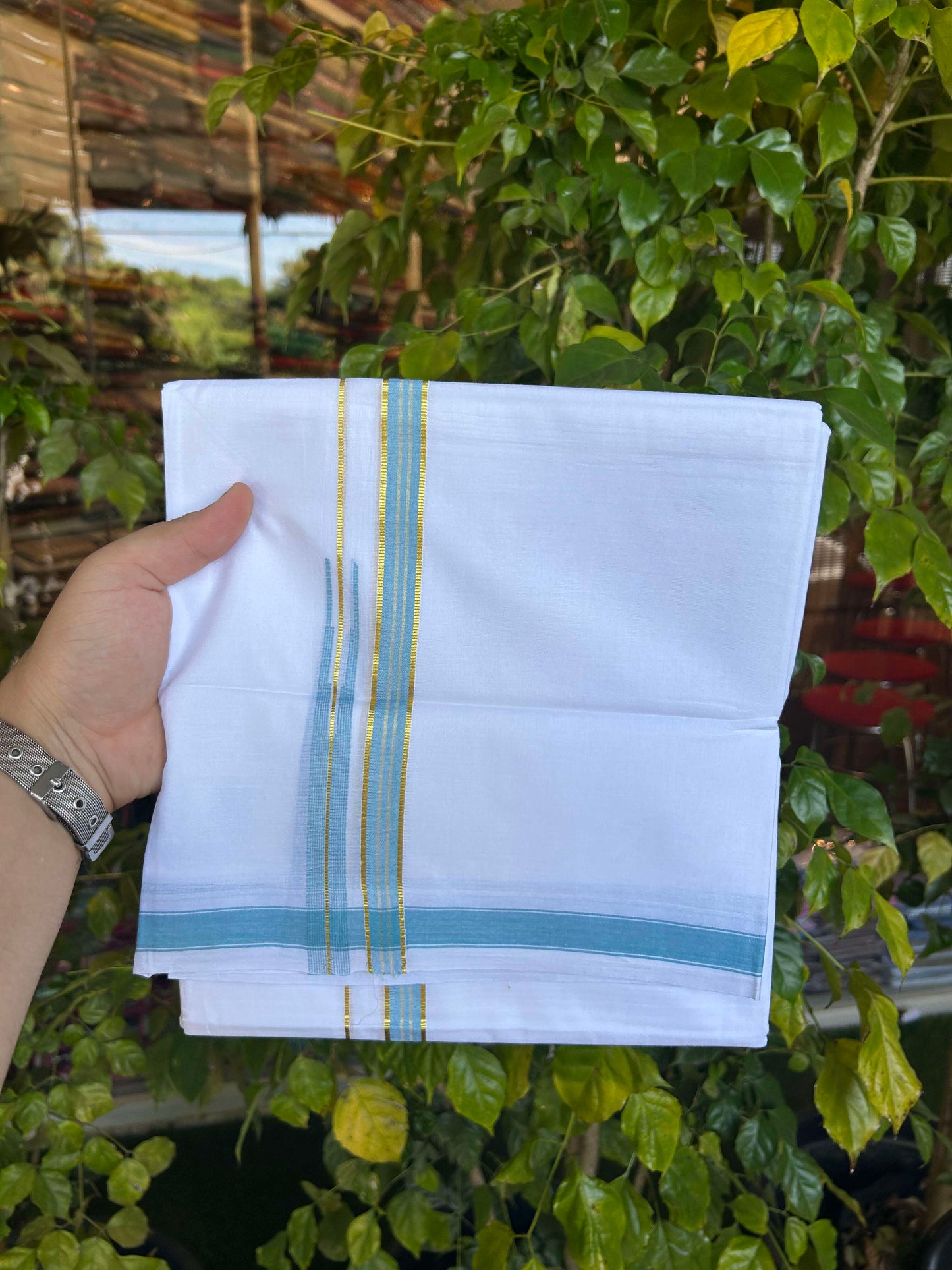 20% Discount!! Kaitharikada Balaramapuram 100% Pure Cotton Pure White Double Mundu/Dothi - 100x80 - 1.5 cm Light Blue & Gold Kasav Puliyilakkara One Side Chutty Kara 3.90 m (8 muzham) - 37 KK5310 CKS