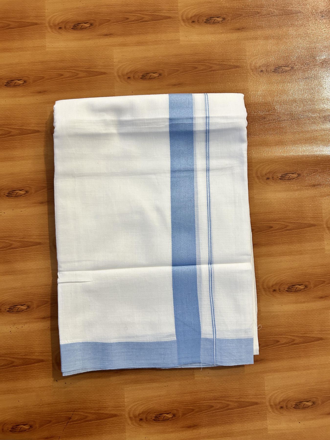 Pure White Double Mundu/Dhoti - 20% Discount ! Kaitharikada Pure Cotton - (60s) - 1.25 inch Pestel Blue Kara 3.80 mtr (8 muzham) - 41 KK5456 THI