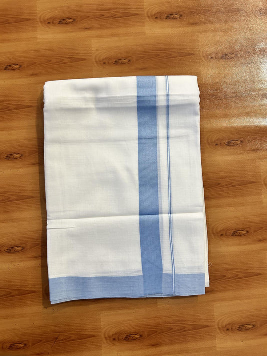 Pure White Double Mundu/Dhoti - 20% Discount ! Kaitharikada Pure Cotton - (60s) - 1.25 inch Pestel Blue Kara 3.80 mtr (8 muzham) - 41 KK5456 THI