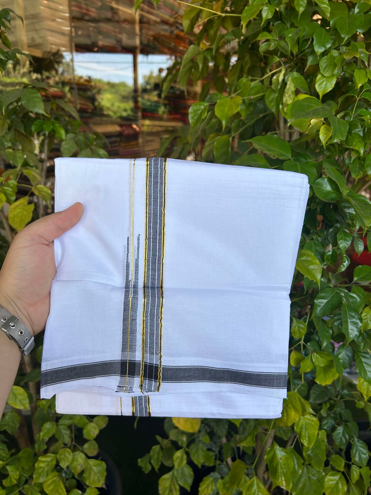 20% Discount!! Kaitharikada Balaramapuram 100% Pure Cotton Pure White Double Mundu/Dothi - 100x80 - 2 cm Black & Gold Kasav Puliyilakkara One Side Chutty Kara 3.90 m (8 muzham) - 33 KK5310 CKS