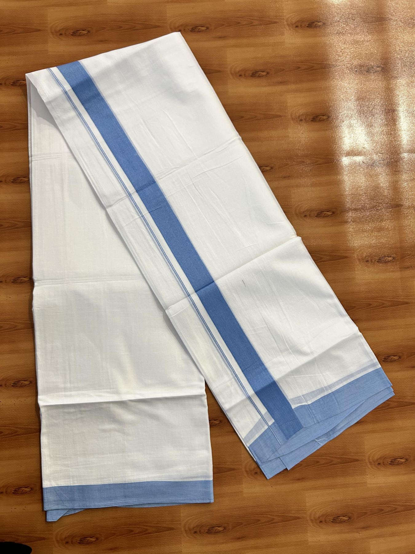 Pure White Double Mundu/Dhoti - 20% Discount ! Kaitharikada Pure Cotton - (60s) - 1.25 inch Sky Blue Kara 3.80 mtr (8 muzham) - 37 KK5456 THI