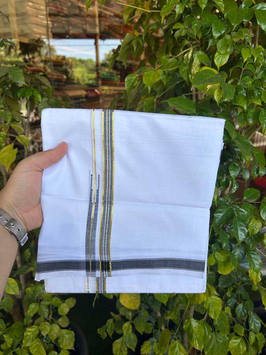 20% Discount!! Kaitharikada Balaramapuram 100% Pure Cotton Pure White Double Mundu/Dothi - 100x80 - 1.5 cm Black & Gold Kasav Puliyilakkara One Side Chutty Kara 3.90 m (8 muzham) - 35 KK5310 CKS