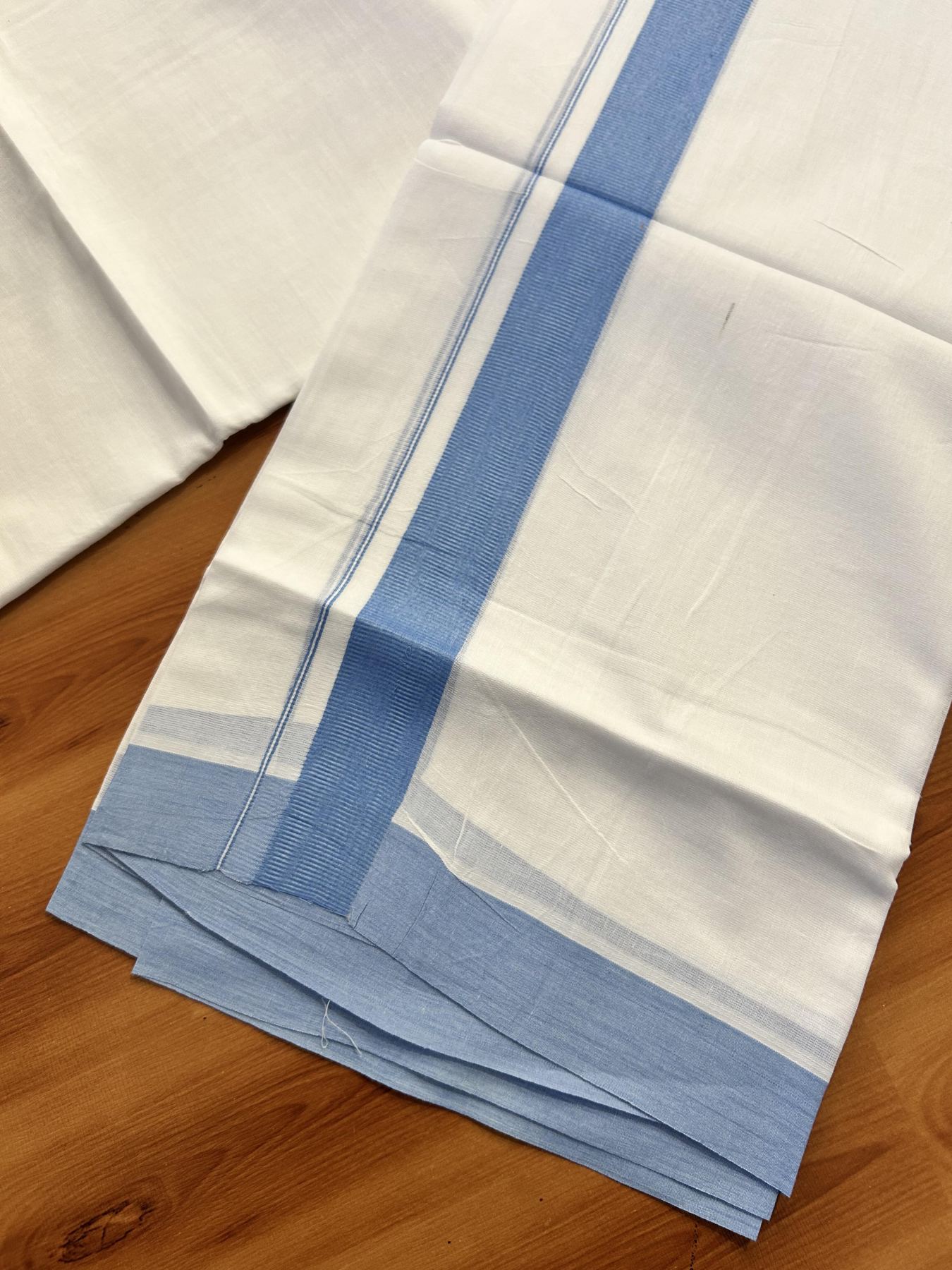 Pure White Double Mundu/Dhoti - 20% Discount ! Kaitharikada Pure Cotton - (60s) - 1.25 inch Sky Blue Kara 3.80 mtr (8 muzham) - 37 KK5456 THI