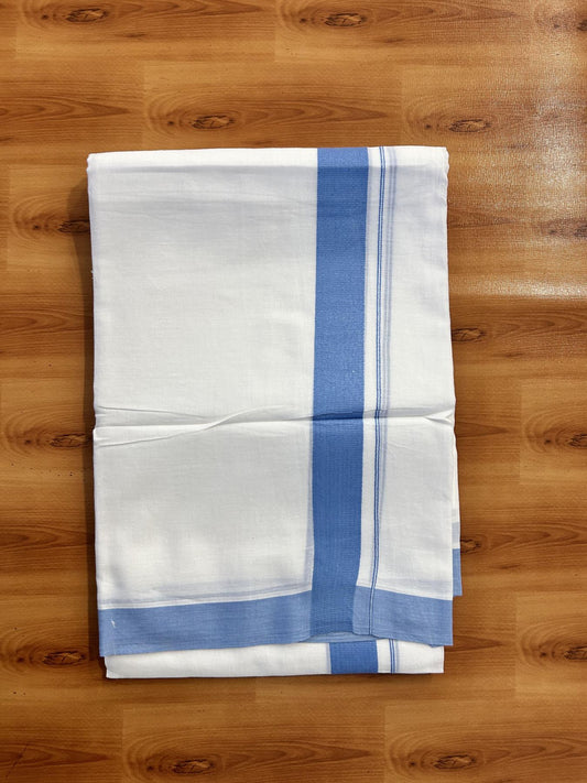 Pure White Double Mundu/Dhoti - 20% Discount ! Kaitharikada Pure Cotton - (60s) - 1.25 inch Sky Blue Kara 3.80 mtr (8 muzham) - 37 KK5456 THI