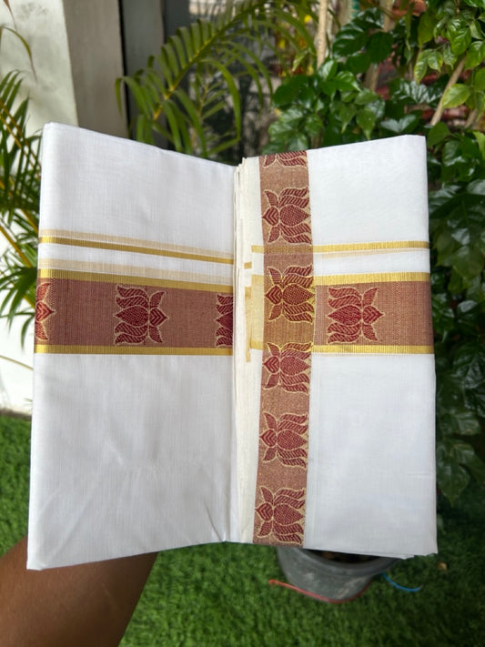 25% DISCOUNT ! KaithariKada HANDLOOM Unakkupaav Balaramapuram - 100% PURE Cotton Pure White Double Mundu/Dhoti - 2 inch Gold Kasavu & Maroon Lotus Jacquard Design Kara - 1KK5190ABH