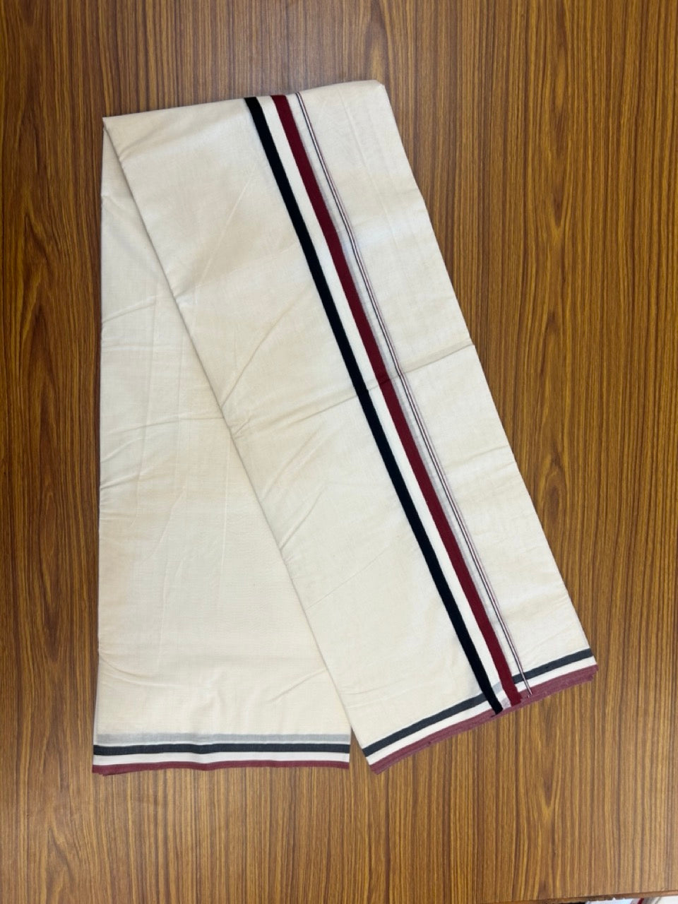 ADMK VESHTI - 20% DISCOUNT! KaithariKada 100% Cotton off white Double - (Unbleached) Mundu/Dhoti - 100X100 - 1.5 inch  Maroon White & Black  kara 4 mtr (8.5 muzham)- 17 KK5268 ASH