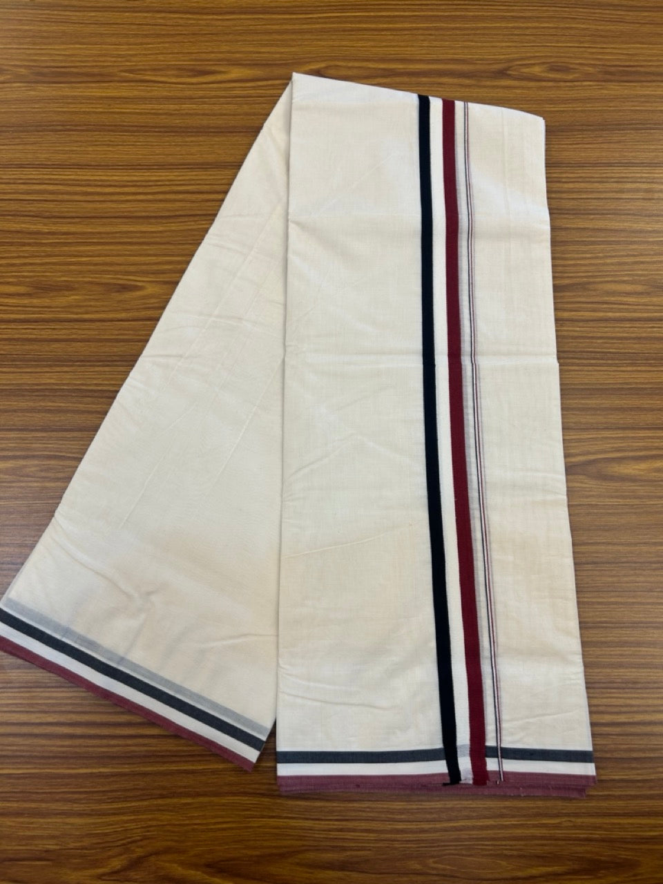 ADMK VESHTI - 20% DISCOUNT! KaithariKada 100% Cotton off white Double - (Unbleached) Mundu/Dhoti - 100X100 - 1.5 inch  Maroon White & Black  kara 4 mtr (8.5 muzham)- 17 KK5268 ASH