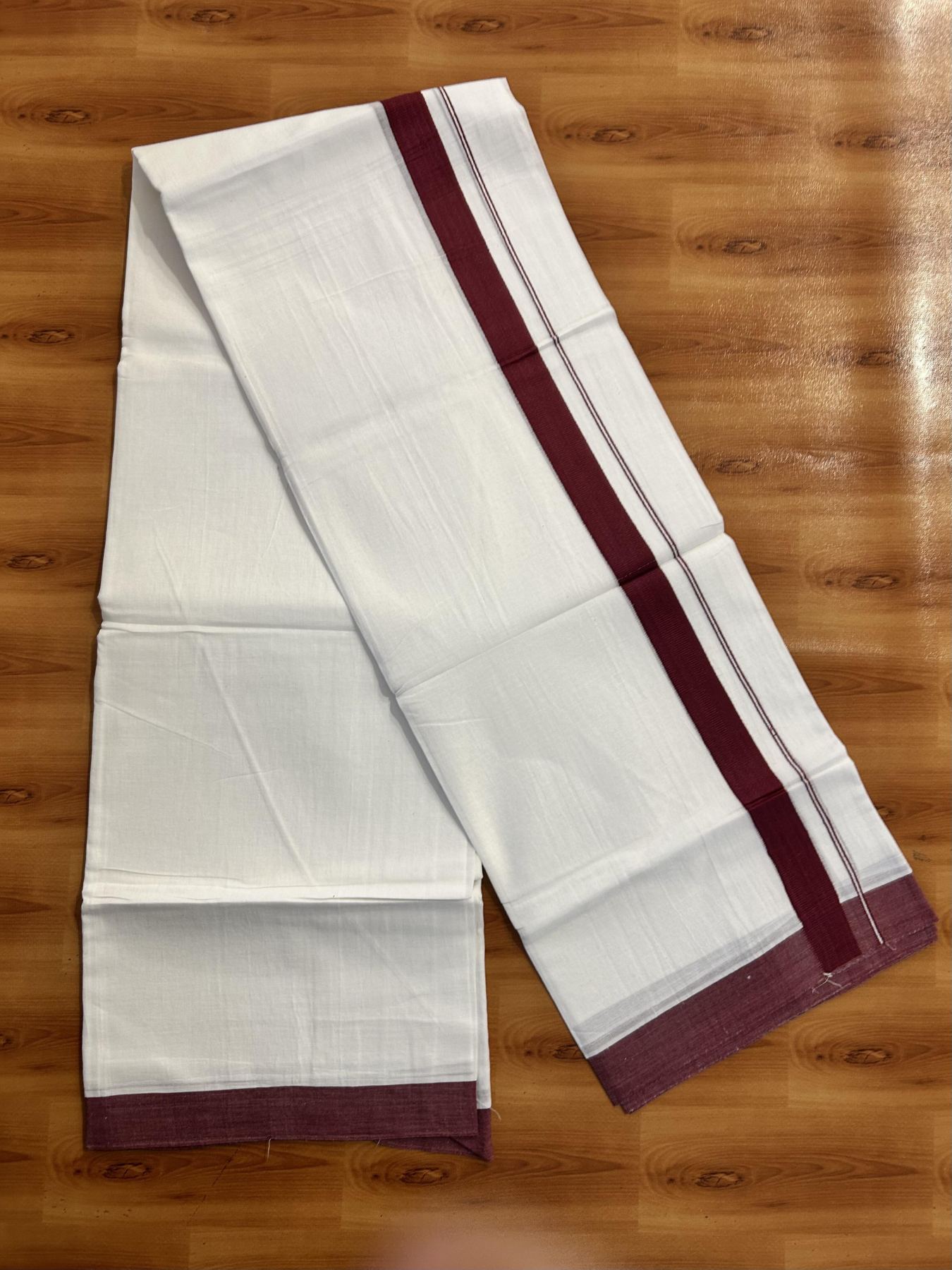 Pure White Double Mundu/Dhoti - 20% Discount ! Kaitharikada Pure Cotton - (60s) - 1.25 inch Maroon Kara 3.80 mtr (8 muzham) - 36 KK5456 THI