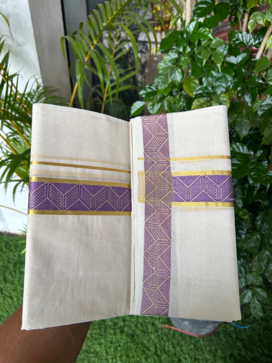 25% DISCOUNT ! KaithariKada HANDLOOM Unakkupaav Balaramapuram - 100% PURE Cotton Off White - (Unbleached) Double Mundu/Dhoti - 1.75 inch Gold Kasavu & Lavender Jacquard Design Kara - 7KK5190ABH