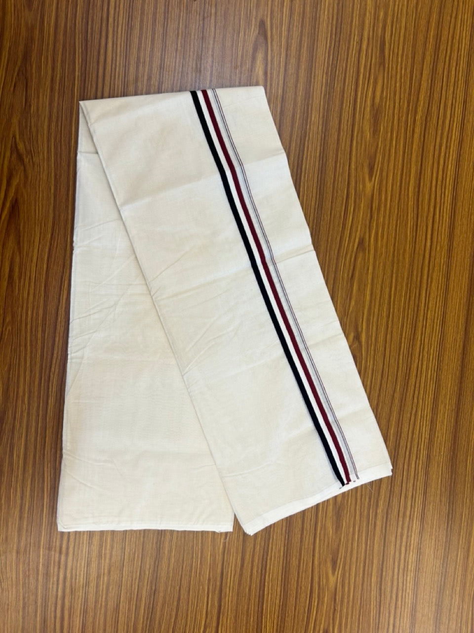 ADMK VESHTI - 20% DISCOUNT! KaithariKada 100% Cotton off white Double - (Unbleached) Mundu/Dhoti - 100X100 - 1 inch Black White & Maroon Red kara 4 mtr (8.5 muzham) - 16 KK5268 ASH