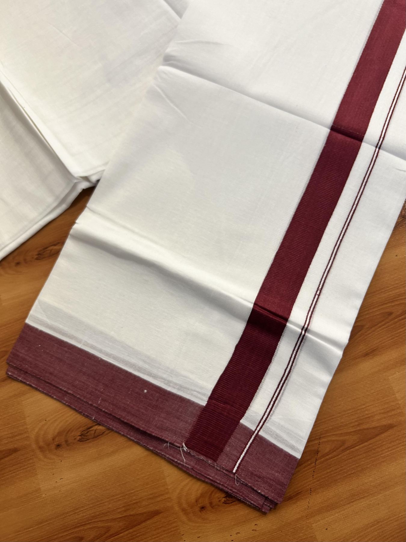 Pure White Double Mundu/Dhoti - 20% Discount ! Kaitharikada Pure Cotton - (60s) - 1.25 inch Maroon Kara 3.80 mtr (8 muzham) - 36 KK5456 THI