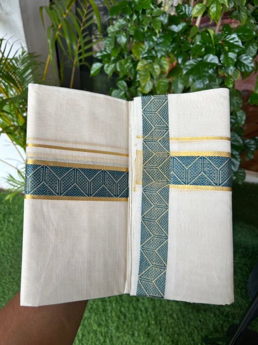 25% DISCOUNT ! KaithariKada HANDLOOM Unakkupaav Balaramapuram - 100% PURE Cotton Off White - (Unbleached) Double Mundu/Dhoti - 1.75 inch Gold Kasavu & Peacock Green Jacquard Design Kara - 6KK5190ABH