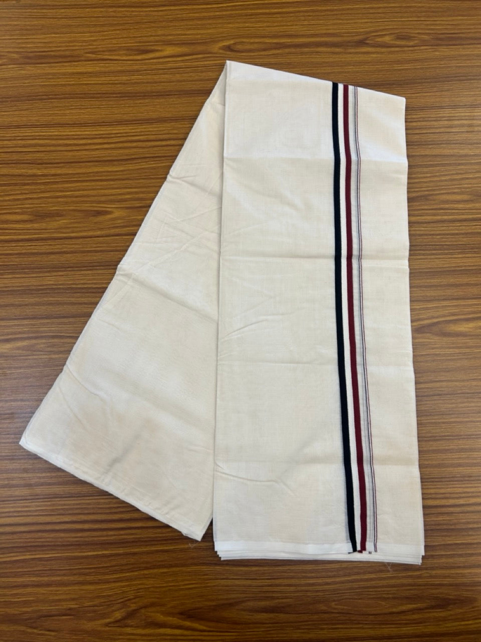 ADMK VESHTI - 20% DISCOUNT! KaithariKada 100% Cotton off white Double - (Unbleached) Mundu/Dhoti - 100X100 - 1 inch Black White & Maroon Red kara 4 mtr (8.5 muzham) - 16 KK5268 ASH