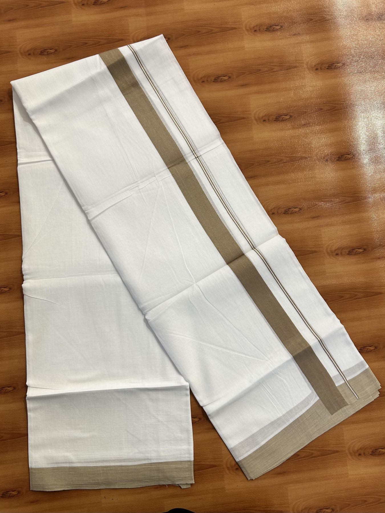 Pure White Double Mundu/Dhoti - 20% Discount ! Kaitharikada Pure Cotton - (60s) - 1.25 inch Dusty Brown Kara 3.80 mtr (8 muzham) - 35 KK5456 THI