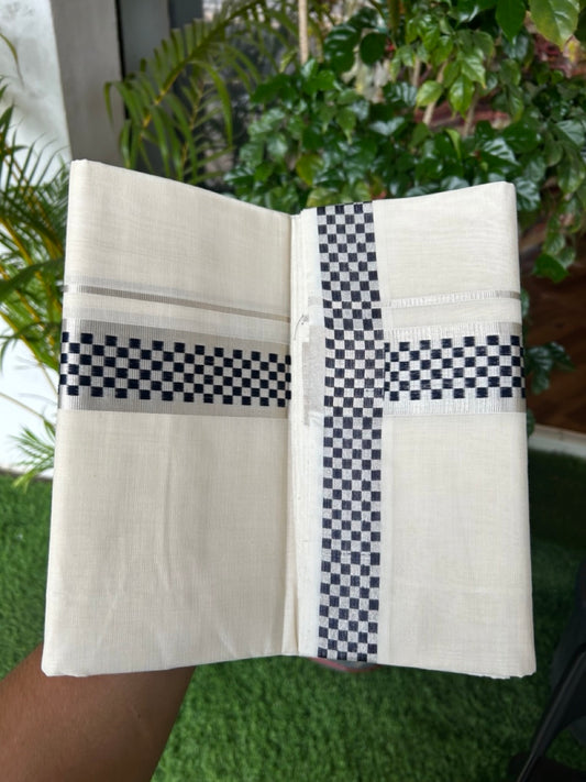25% DISCOUNT ! KaithariKada HANDLOOM Unakkupaav Balaramapuram - 100% PURE Cotton Off White - (Unbleached) Double Mundu/Dhoti - 1.75 inch Silver Kasavu & Navy Blue Jacquard Square Design Kara - 5KK5190ABH