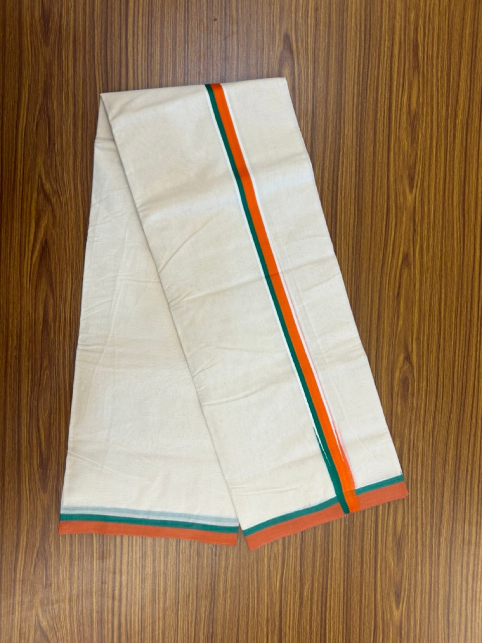 BJP VESHTI - 20% DISCOUNT! KaithariKada 100% Cotton off white Double - (Unbleached) Mundu/Dhoti - 100X80 - 1.25 inch Puliyilakkara Orange & Green Chutty Kara  4mtr (8.5 muzham) - 20 KK5268 ASH