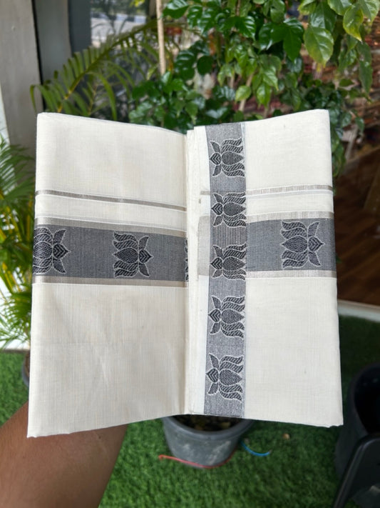 25% DISCOUNT ! KaithariKada HANDLOOM Unakkupaav Balaramapuram - 100% PURE Cotton Off White - (Unbleached) Double Mundu/Dhoti - 2 inch Silver Kasavu & Black Lotus Jacquard Design Kara - 3KK5190ABH