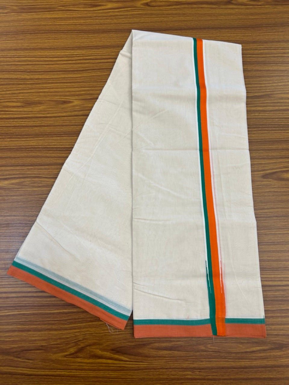 BJP VESHTI - 20% DISCOUNT! KaithariKada 100% Cotton off white Double - (Unbleached) Mundu/Dhoti - 100X80 - 1.25 inch Puliyilakkara Orange & Green Chutty Kara  4mtr (8.5 muzham) - 20 KK5268 ASH