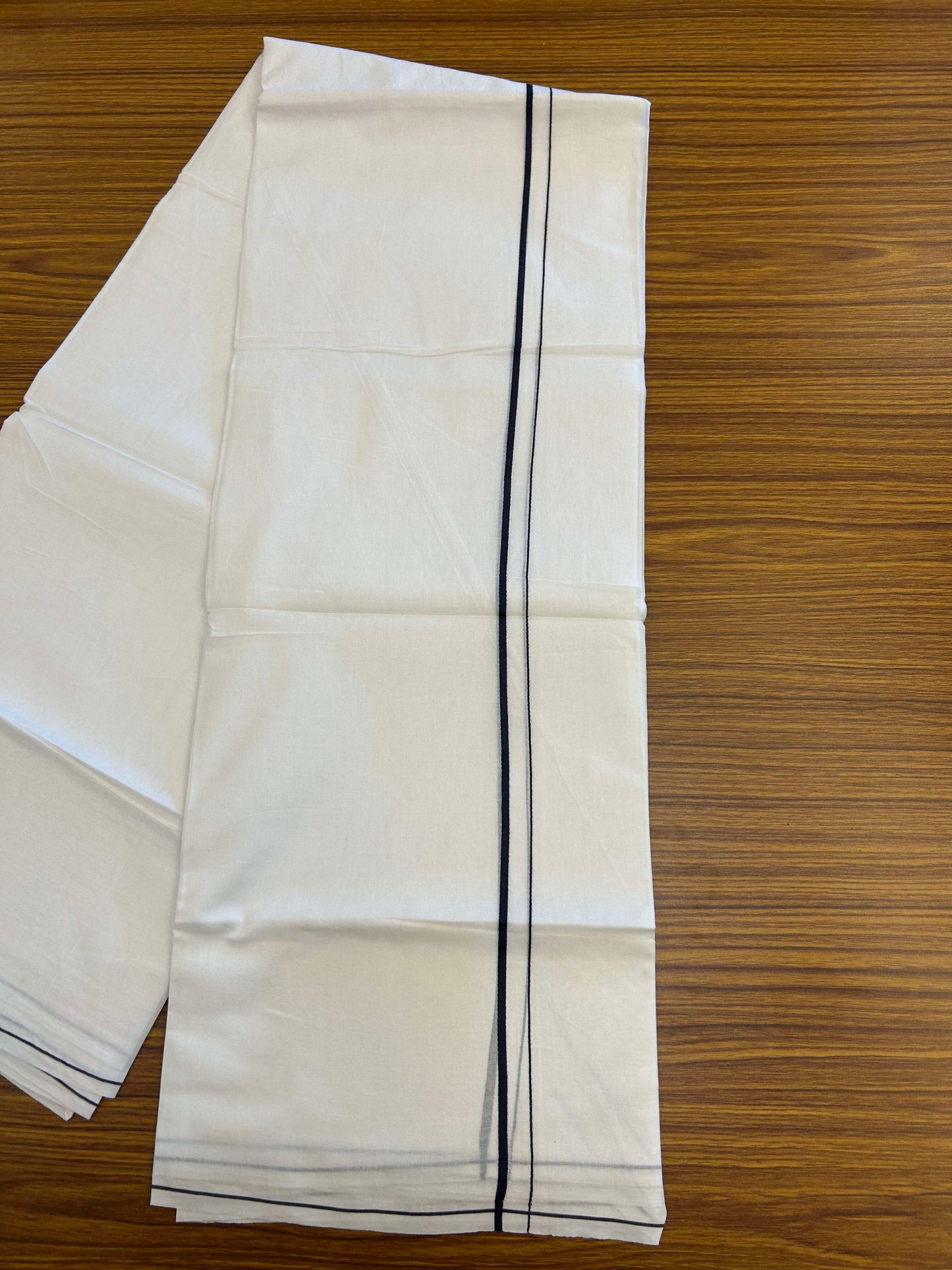 20% Discount ! Kaitharikada Balaramapuram 100% Cotton Pure White Double Mundu/Dothi - 100x80 - 0.4 cm Navy Blue thin Kara 3.90 m (8 muzham) - 4 KK5301CKS