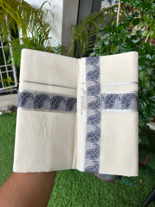 25% DISCOUNT ! KaithariKada HANDLOOM Unakkupaav Balaramapuram - 100% PURE Cotton Off White - (Unbleached) Double Mundu/Dhoti - 1.75 inch Silver Kasavu & Blue Jacquard Design Kara - 4KK5190ABH