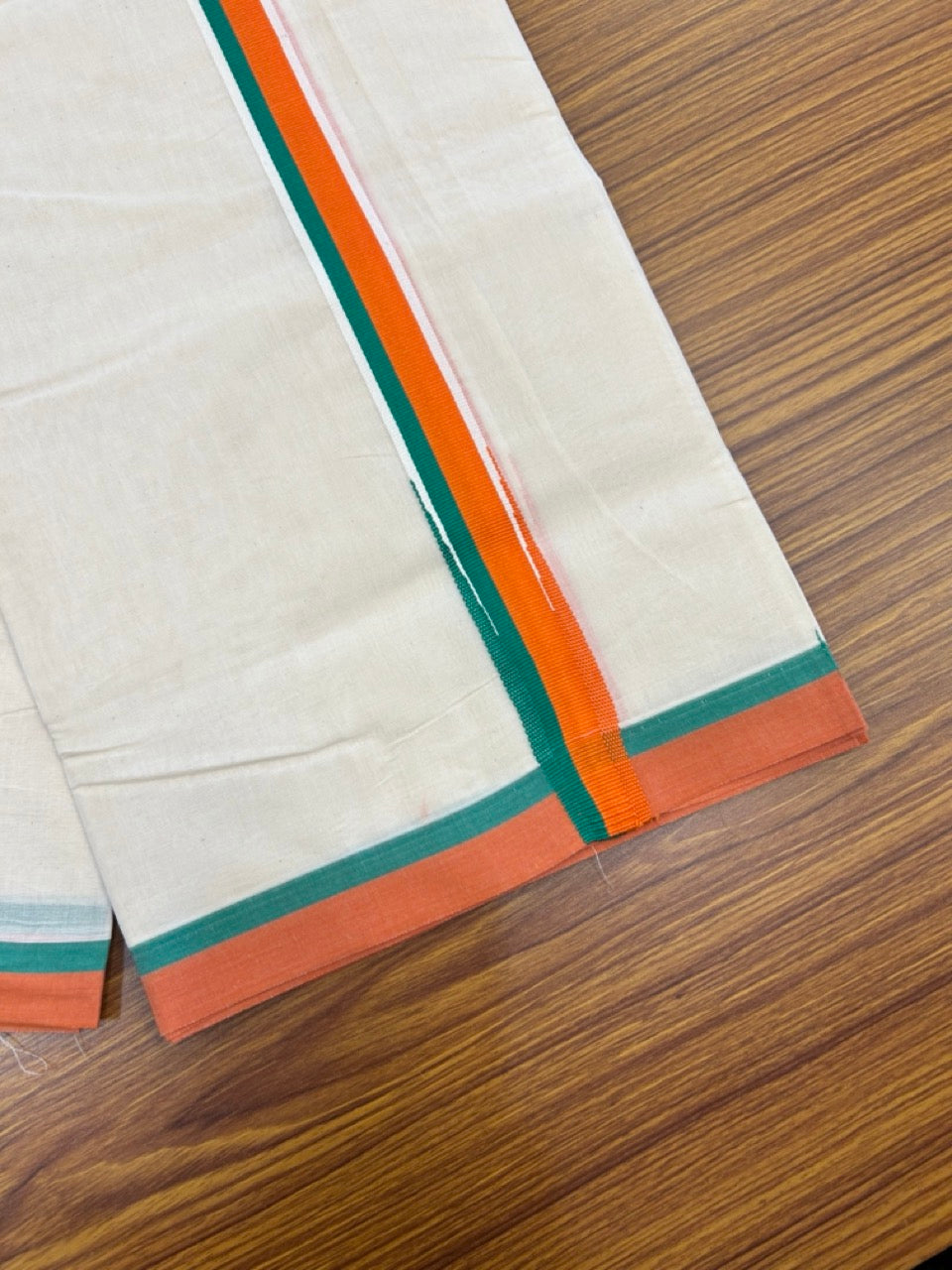 BJP VESHTI - 20% DISCOUNT! KaithariKada 100% Cotton off white Double - (Unbleached) Mundu/Dhoti - 100X80 - 1.25 inch Puliyilakkara Orange & Green Chutty Kara  4mtr (8.5 muzham) - 20 KK5268 ASH