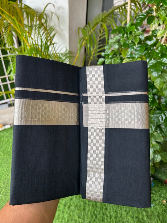 25% Discount! KaithariKada Handloom UNAKKUPAAV Balaramapuram - 100% Cotton Double Mundu/Dhoti - Black Colour Body - 1.75 inch Silver Kasavu jacquard Design Kara- 2KK5190ABH