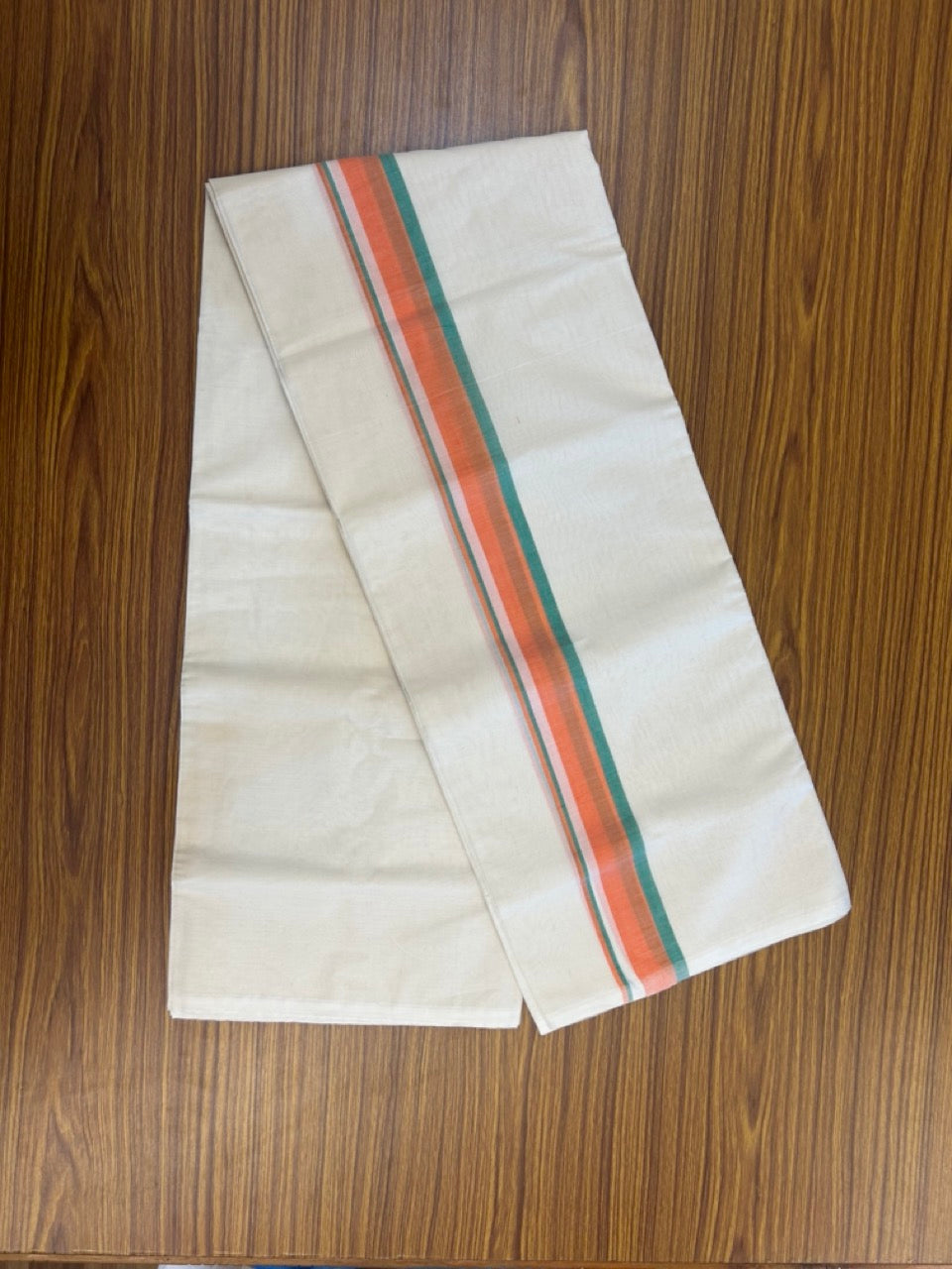 BJP VESHTI - 20% DISCOUNT! KaithariKada 100% Cotton off white Double - (Unbleached) Mundu/Dhoti - 100X100 - 1.25 inch Orange & Green Shaded Kara 4 mtr (8.5 muzham) - 19 KK5268 ASH