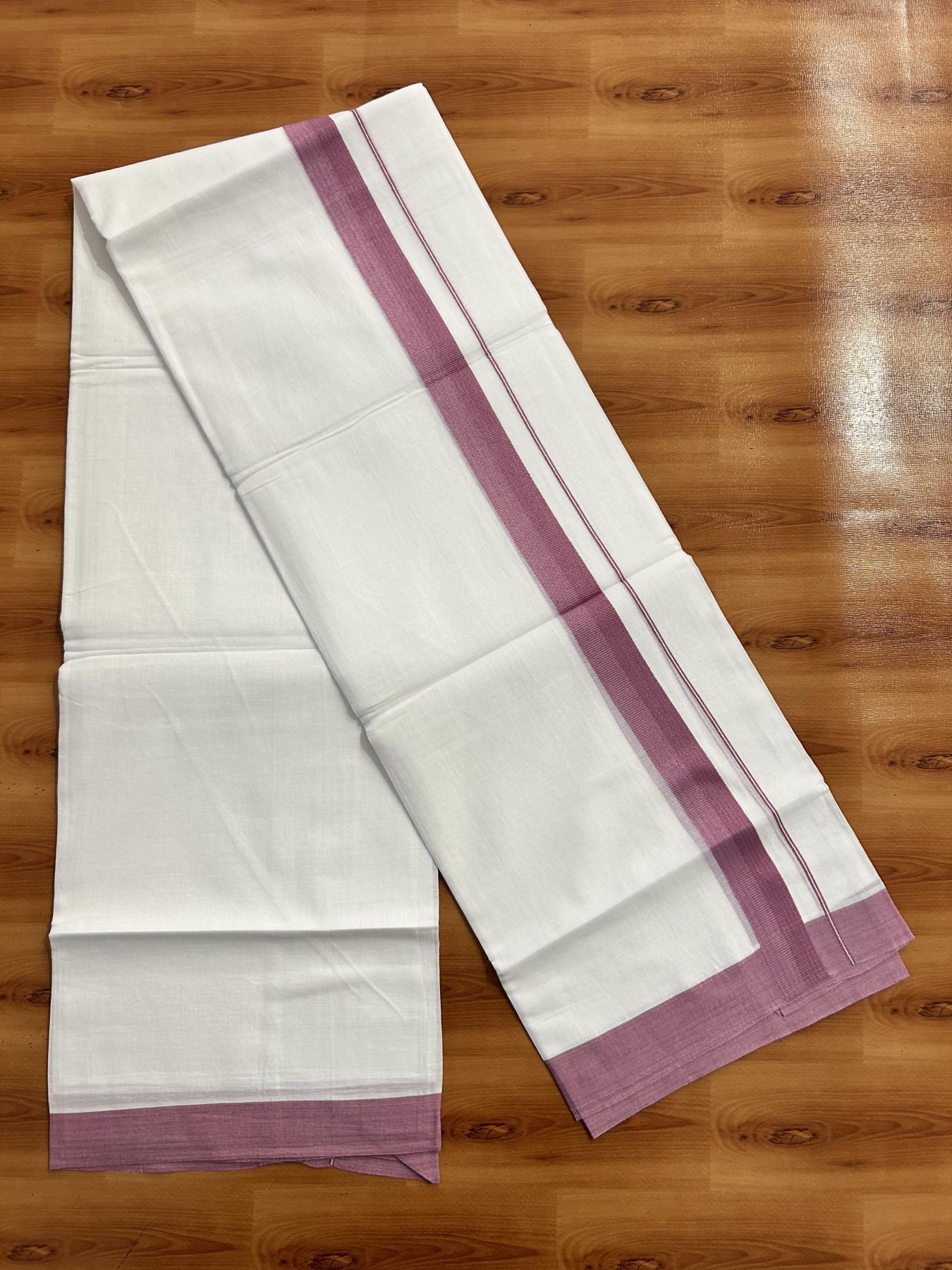 Pure White Double Mundu/Dhoti - 20% Discount ! Kaitharikada Pure Cotton - (60s) - 1.25 inch Lavander Pink Kara 3.80 mtr (8 muzham) - 39 KK5456 THI