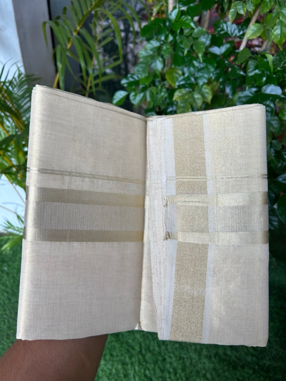 25% DISCOUNT! KaithariKada HANDLOOM UNAKKUPAAV Balaramapuram - 100% PURE Cotton Off White (Unbleached) - Double Mundu/Dhoti - 2 inch Light Gold Kasavu Tissue Body - 12KK5190ABH