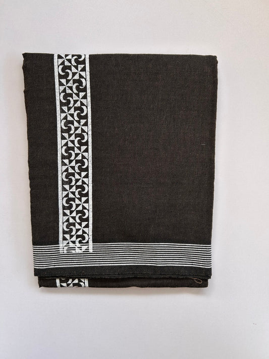 Single Kaily / Lungi - Kaitharikada - Mixed Cotton - 2/40s twisted - 2 inch White Printed Design Kara With Coffee Brown & Black Colour Body (2 meter / 4 muzham) - 25 KK8090 SAT