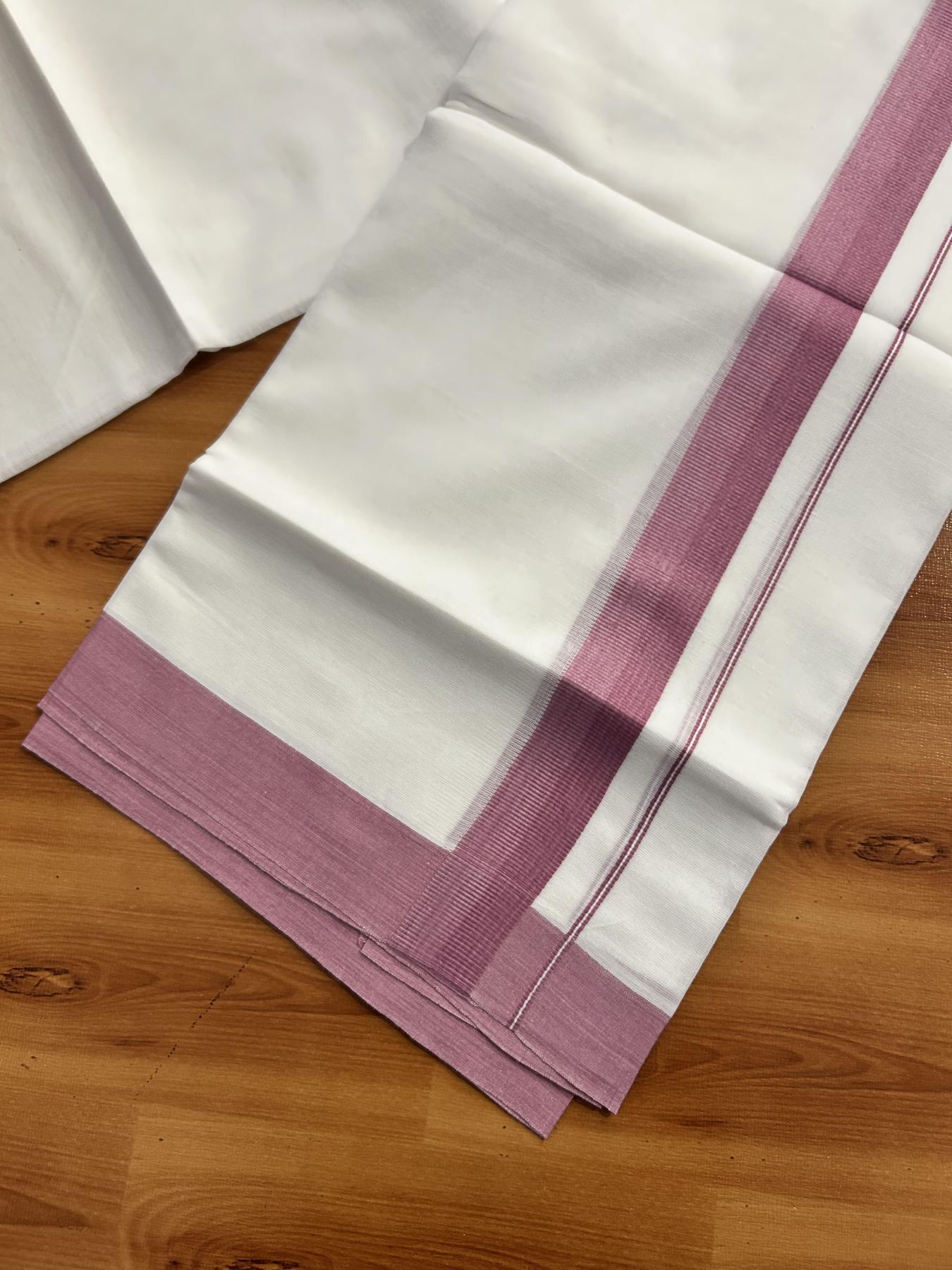 Pure White Double Mundu/Dhoti - 20% Discount ! Kaitharikada Pure Cotton - (60s) - 1.25 inch Lavander Pink Kara 3.80 mtr (8 muzham) - 39 KK5456 THI