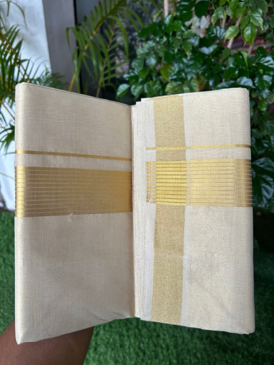 25% DISCOUNT! KaithariKada HANDLOOM UNAKKUPAAV Balaramapuram - 100% PURE Cotton Off White (Unbleached) - Double Mundu/Dhoti - 2 inch Gold striped Kasavu Tissue Body - 11KK5190ABH