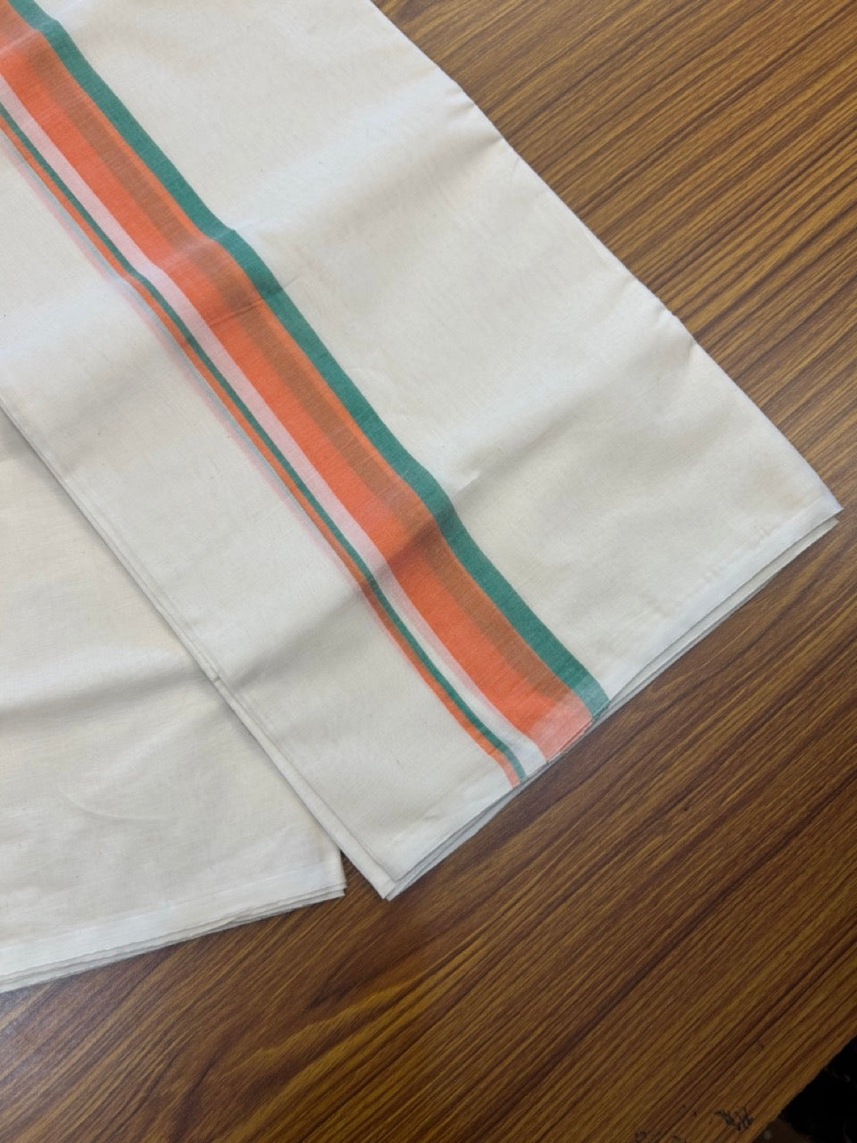 BJP VESHTI - 20% DISCOUNT! KaithariKada 100% Cotton off white Double - (Unbleached) Mundu/Dhoti - 100X100 - 1.25 inch Orange & Green Shaded Kara 4 mtr (8.5 muzham) - 19 KK5268 ASH